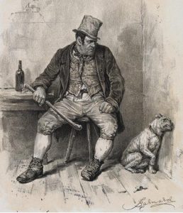 Engraving of thick-set man with top hat and stick, accompanied by dog.