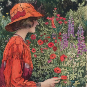 AI-generated image of a woman in a garden, wearing a red hat and dress.